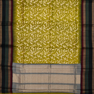 Olive Green Handloom Tussar Silk Saree With Printed Floral Motifs & Contrast Border