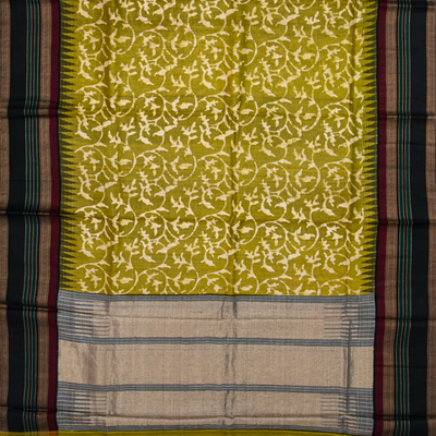 Olive Green Handloom Tussar Silk Saree With Printed Floral Motifs & Contrast Border