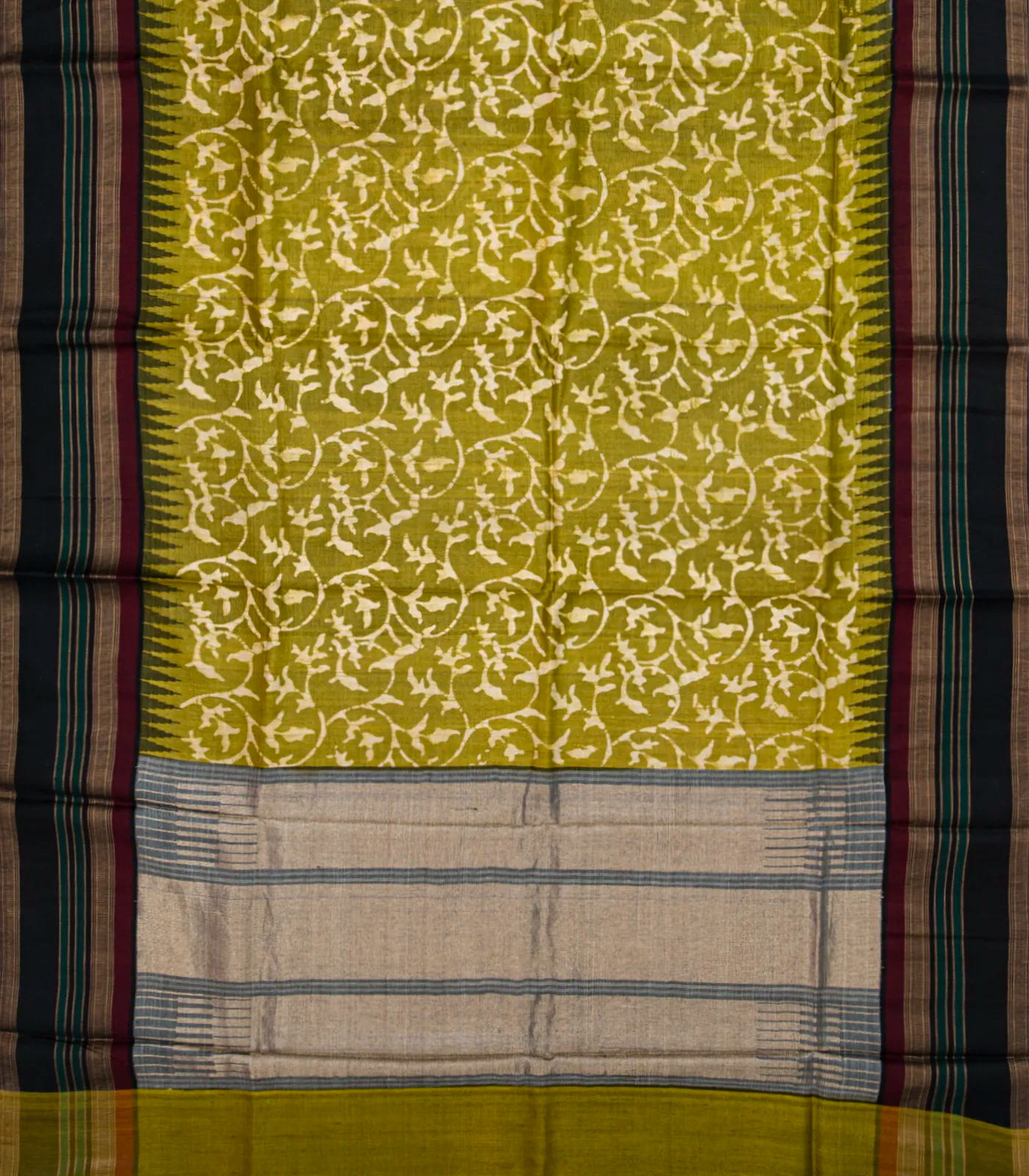 Olive Green Handloom Tussar Silk Saree With Printed Floral Motifs & Contrast Border