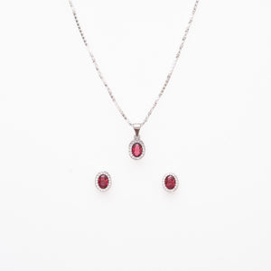 Silver Set Chain Pendant and Earrings with Red Stones for Women