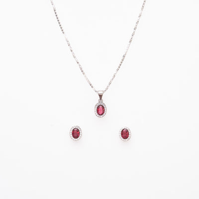 Silver Set Chain Pendant and Earrings with Red Stones for Women