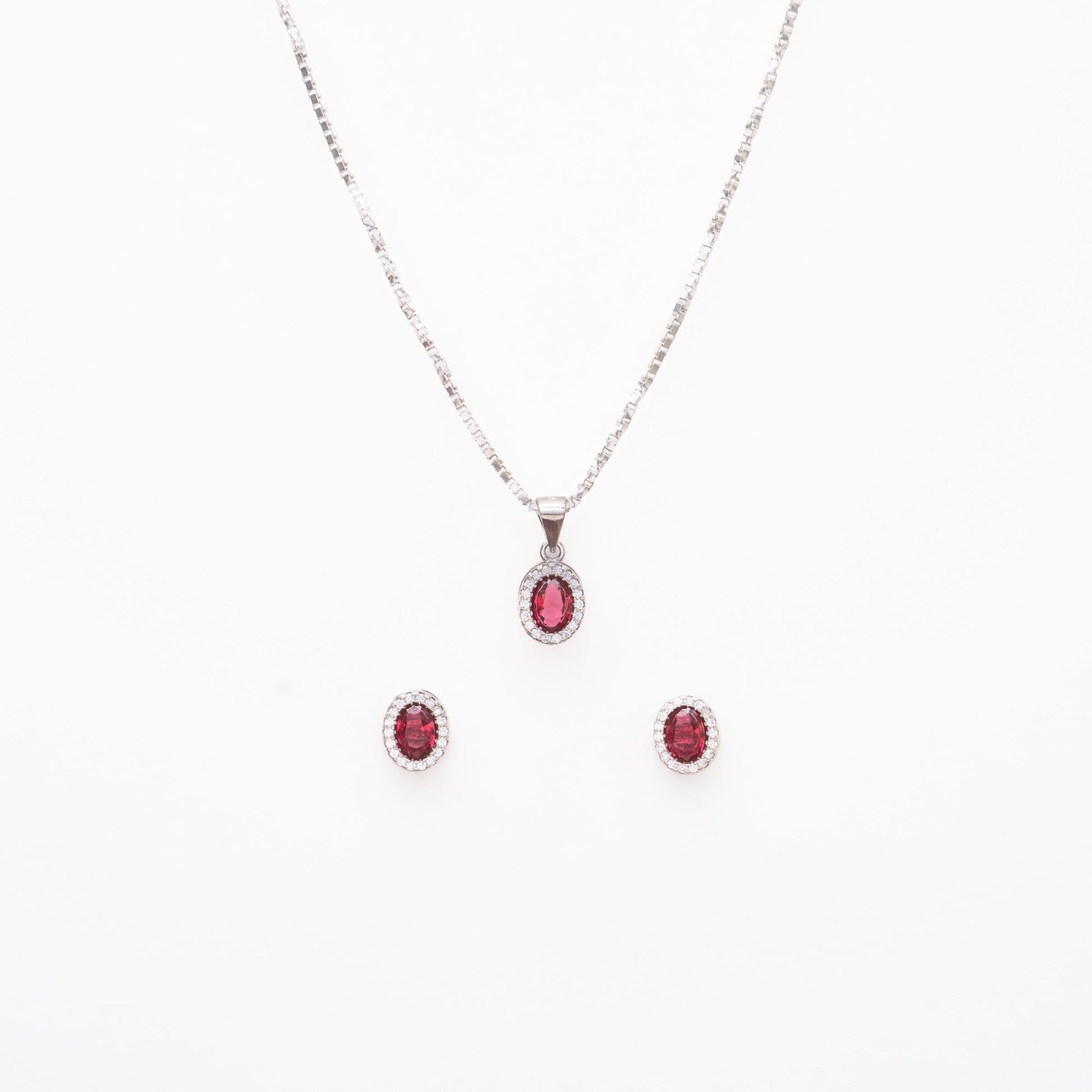 Silver Set Chain Pendant and Earrings with Red Stones for Women