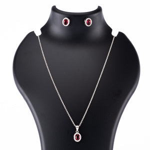 Silver Set Chain Pendant and Earrings with Red Stones for Women