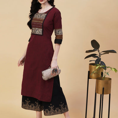 Solid Textured Resham & Sequins Embroidered Kurta - Maroon