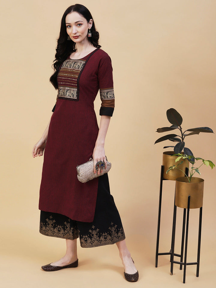 Solid Textured Resham & Sequins Embroidered Kurta - Maroon