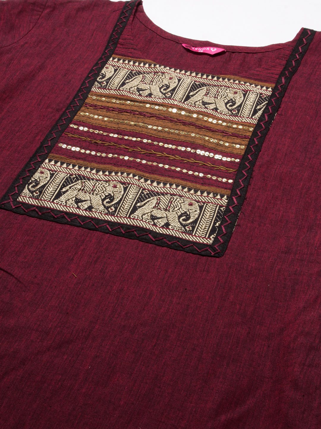 Solid Textured Resham & Sequins Embroidered Kurta - Maroon