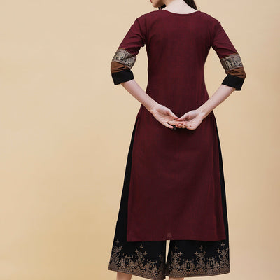 Solid Textured Resham & Sequins Embroidered Kurta - Maroon