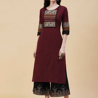 Solid Textured Resham & Sequins Embroidered Kurta - Maroon