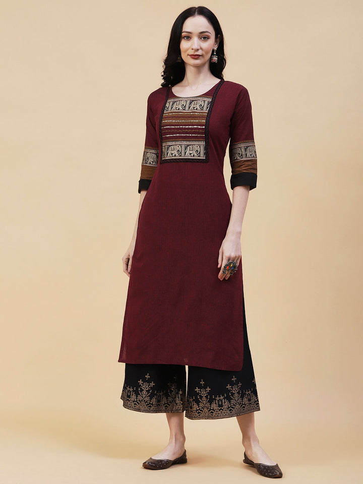 Solid Textured Resham & Sequins Embroidered Kurta - Maroon