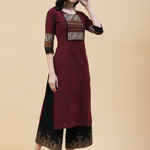 Solid Textured Resham & Sequins Embroidered Kurta - Maroon