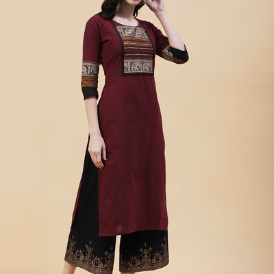 Solid Textured Resham & Sequins Embroidered Kurta - Maroon