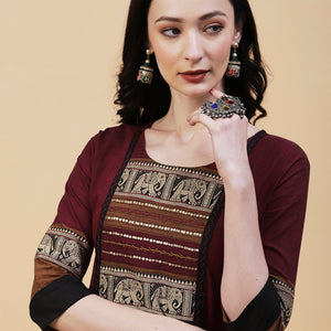 Solid Textured Resham & Sequins Embroidered Kurta - Maroon