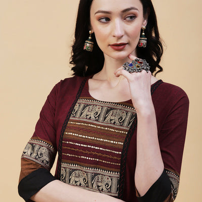 Solid Textured Resham & Sequins Embroidered Kurta - Maroon