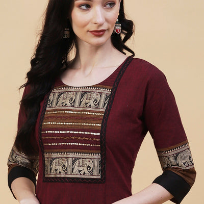Solid Textured Resham & Sequins Embroidered Kurta - Maroon