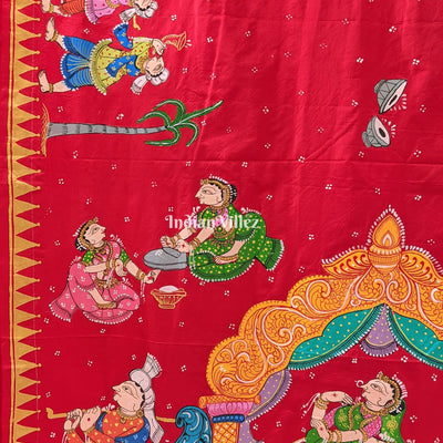 Red Doli Barat Theme Pattachitra Art on Pure Mulberry Silk Saree