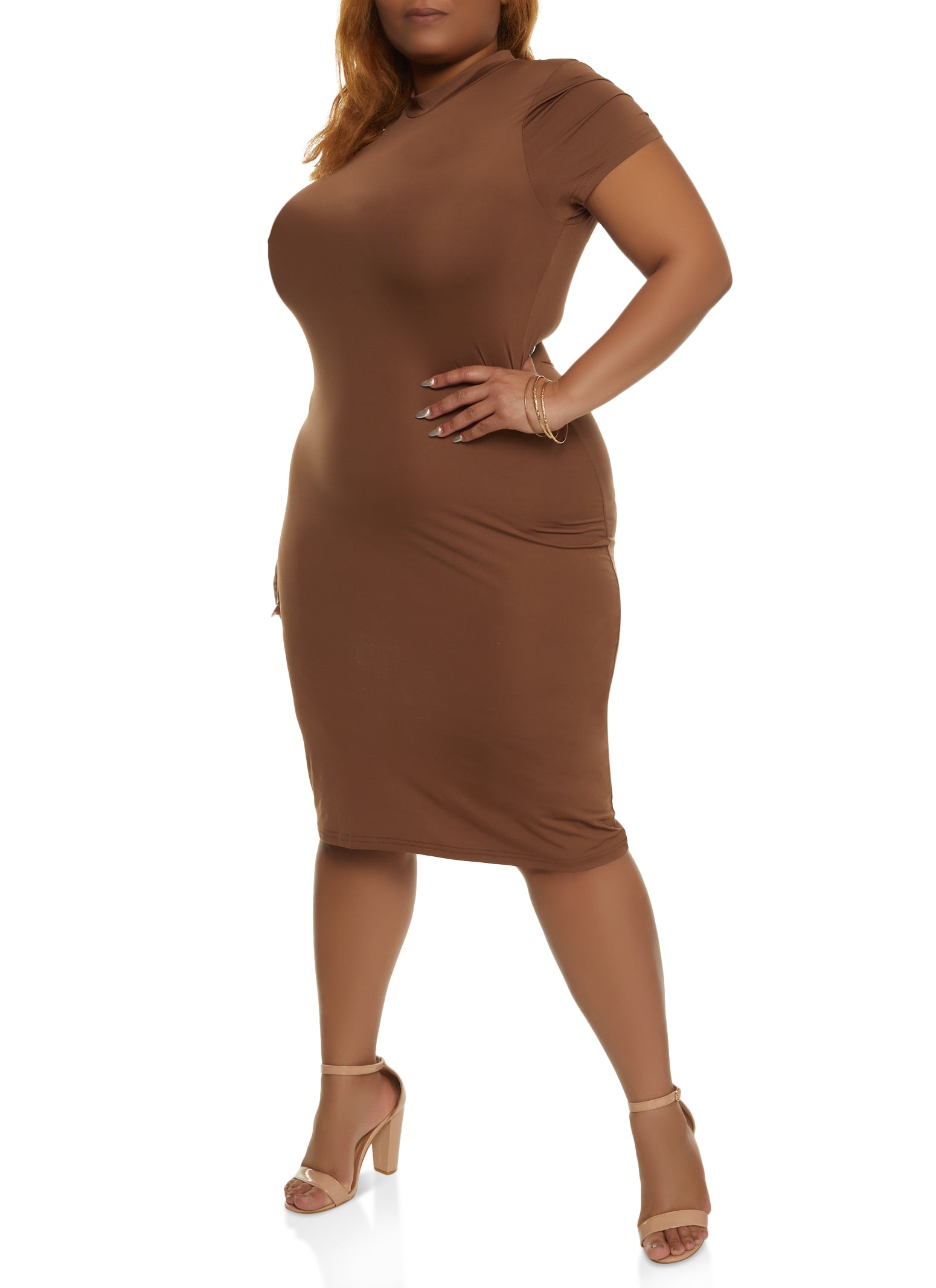 Plus Size Mock Neck Short Sleeve Midi Dress