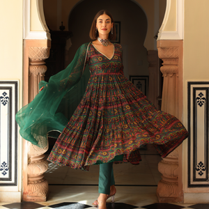 Dune Green Printed Chinon Suit Set