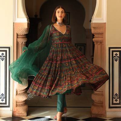 Dune Green Printed Chinon Suit Set
