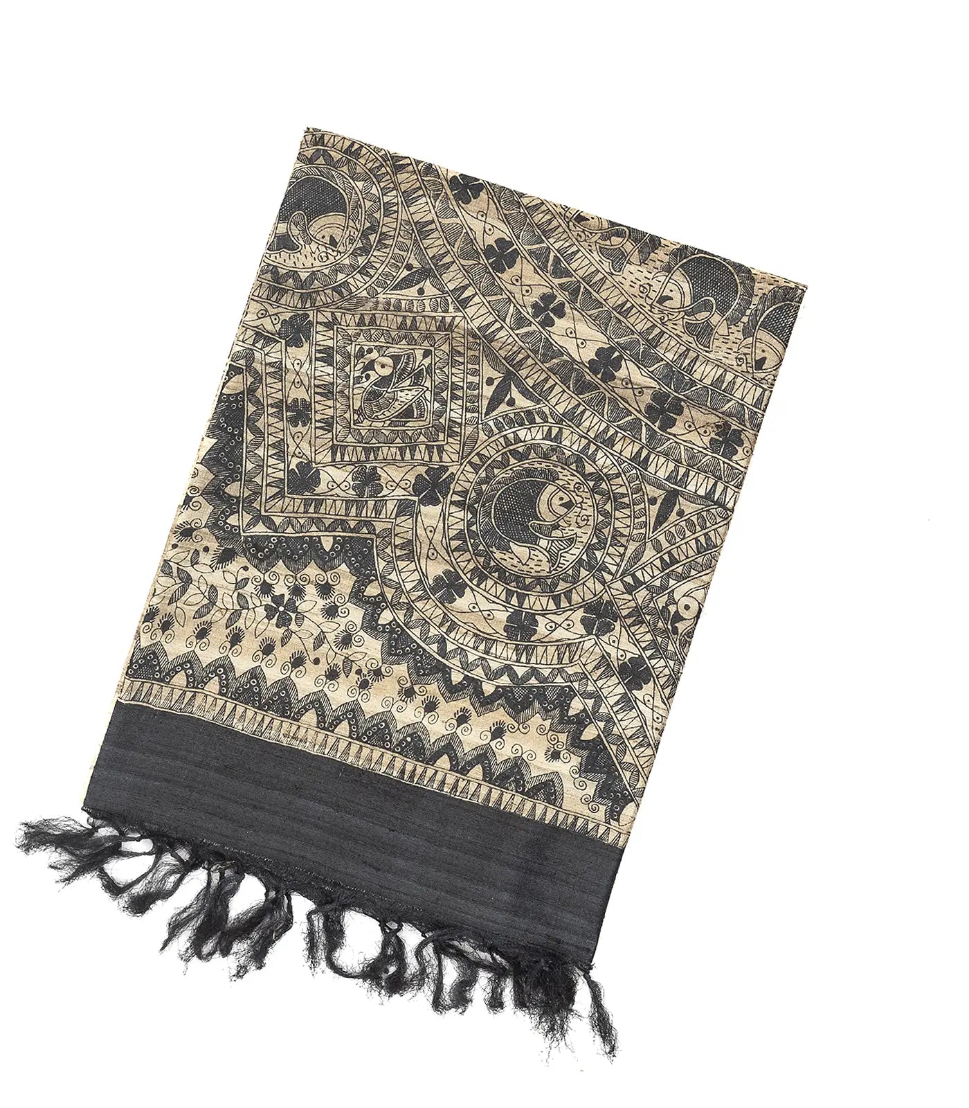 Beige Handloom Tussar Silk Saree With Printed Bird Motifs