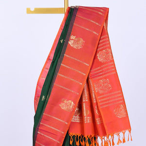 Green soft silk saree with zari buttas, contrast border of peacocks & pallu of kathir,neli,mayil & butta enclosed checks