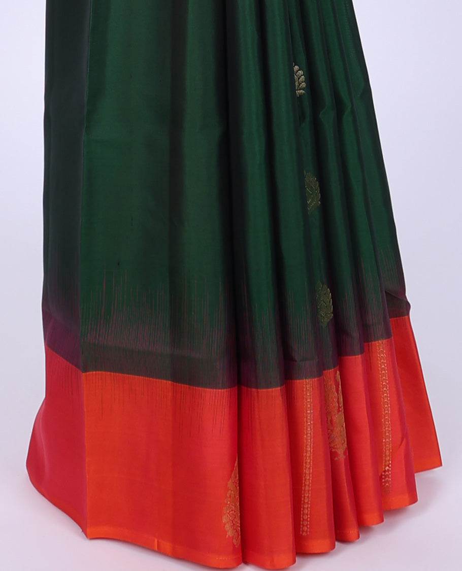 Green soft silk saree with zari buttas, contrast border of peacocks & pallu of kathir,neli,mayil & butta enclosed checks