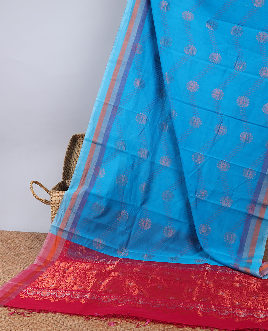 Blue silk cotton saree with buttas, contrast striped border & pallu of floral designs