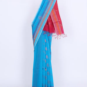 Blue silk cotton saree with buttas, contrast striped border & pallu of floral designs
