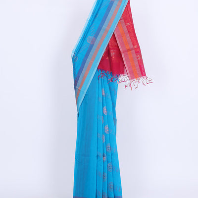 Blue silk cotton saree with buttas, contrast striped border & pallu of floral designs
