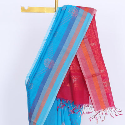 Blue silk cotton saree with buttas, contrast striped border & pallu of floral designs