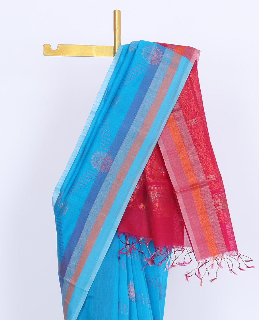 Blue silk cotton saree with buttas, contrast striped border & pallu of floral designs