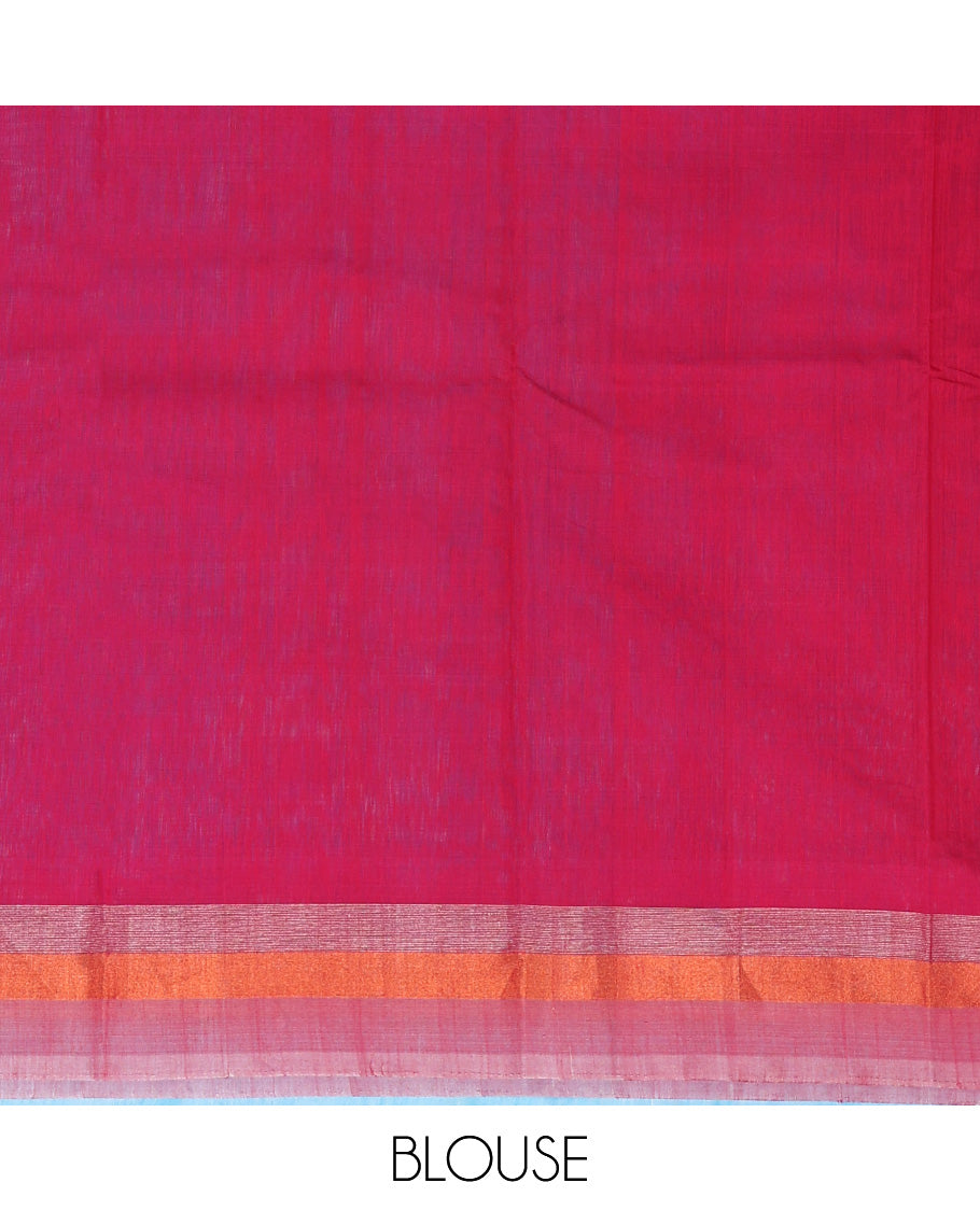 Blue silk cotton saree with buttas, contrast striped border & pallu of floral designs