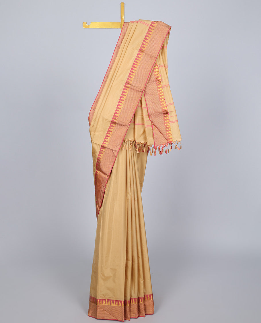 Sandal aarani gift saree, contrast temple border & pallu of stripes