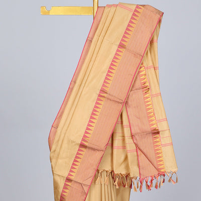 Sandal aarani gift saree, contrast temple border & pallu of stripes