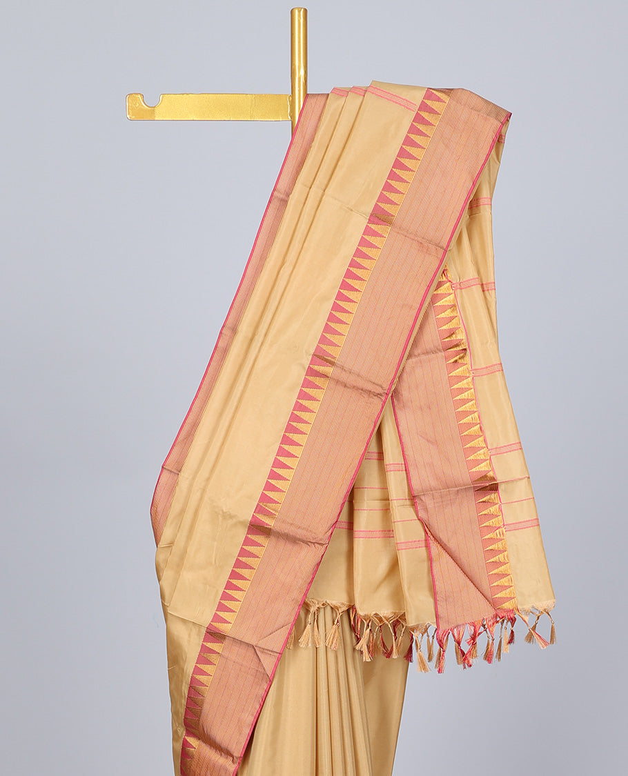 Sandal aarani gift saree, contrast temple border & pallu of stripes