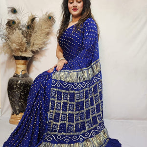 Modal Silk Barik Bandhej work Lagdi Patta Border Chex Bandhani Saree