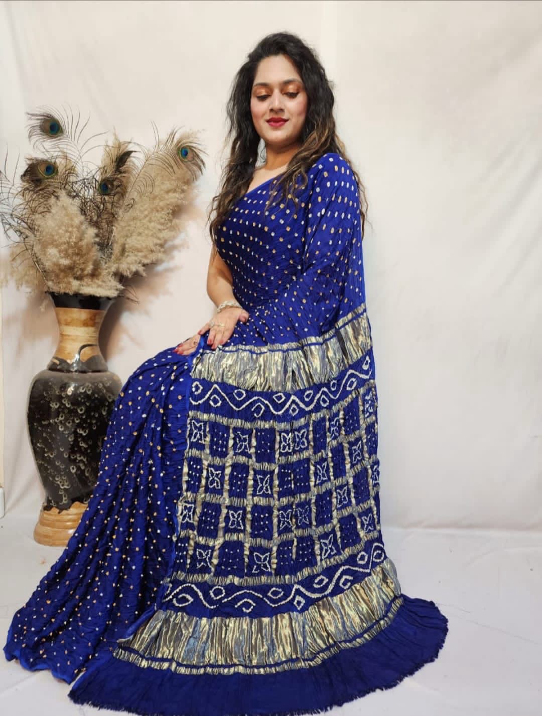 Modal Silk Barik Bandhej work Lagdi Patta Border Chex Bandhani Saree