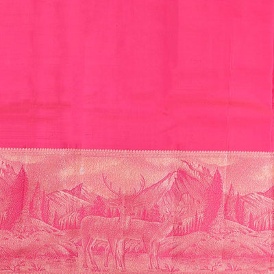 Peach jacquard kancheepuram wedding silksaree, contrast nature-themed weaved border & pallu of intricate designs