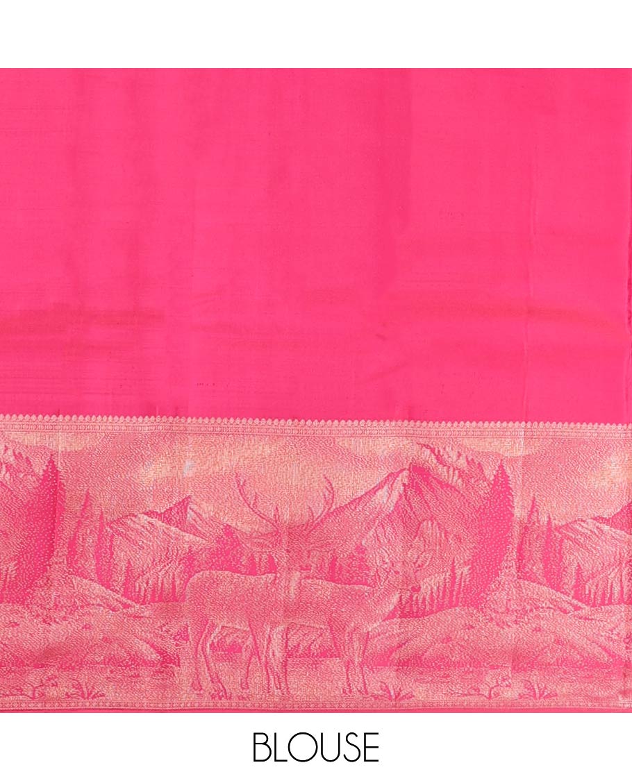 Peach jacquard kancheepuram wedding silksaree, contrast nature-themed weaved border & pallu of intricate designs