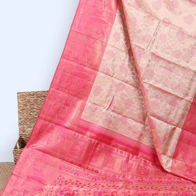 Peach jacquard kancheepuram wedding silksaree, contrast nature-themed weaved border & pallu of intricate designs