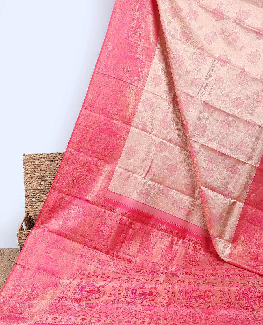 Peach jacquard kancheepuram wedding silksaree, contrast nature-themed weaved border & pallu of intricate designs