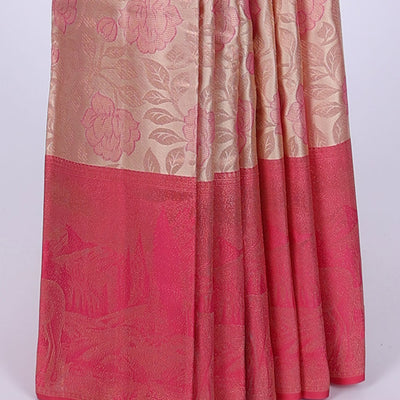 Peach jacquard kancheepuram wedding silksaree, contrast nature-themed weaved border & pallu of intricate designs