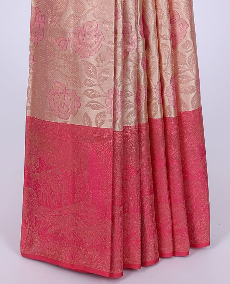 Peach jacquard kancheepuram wedding silksaree, contrast nature-themed weaved border & pallu of intricate designs