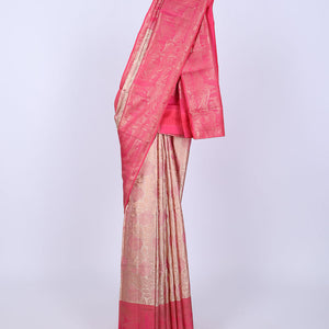 Peach jacquard kancheepuram wedding silksaree, contrast nature-themed weaved border & pallu of intricate designs