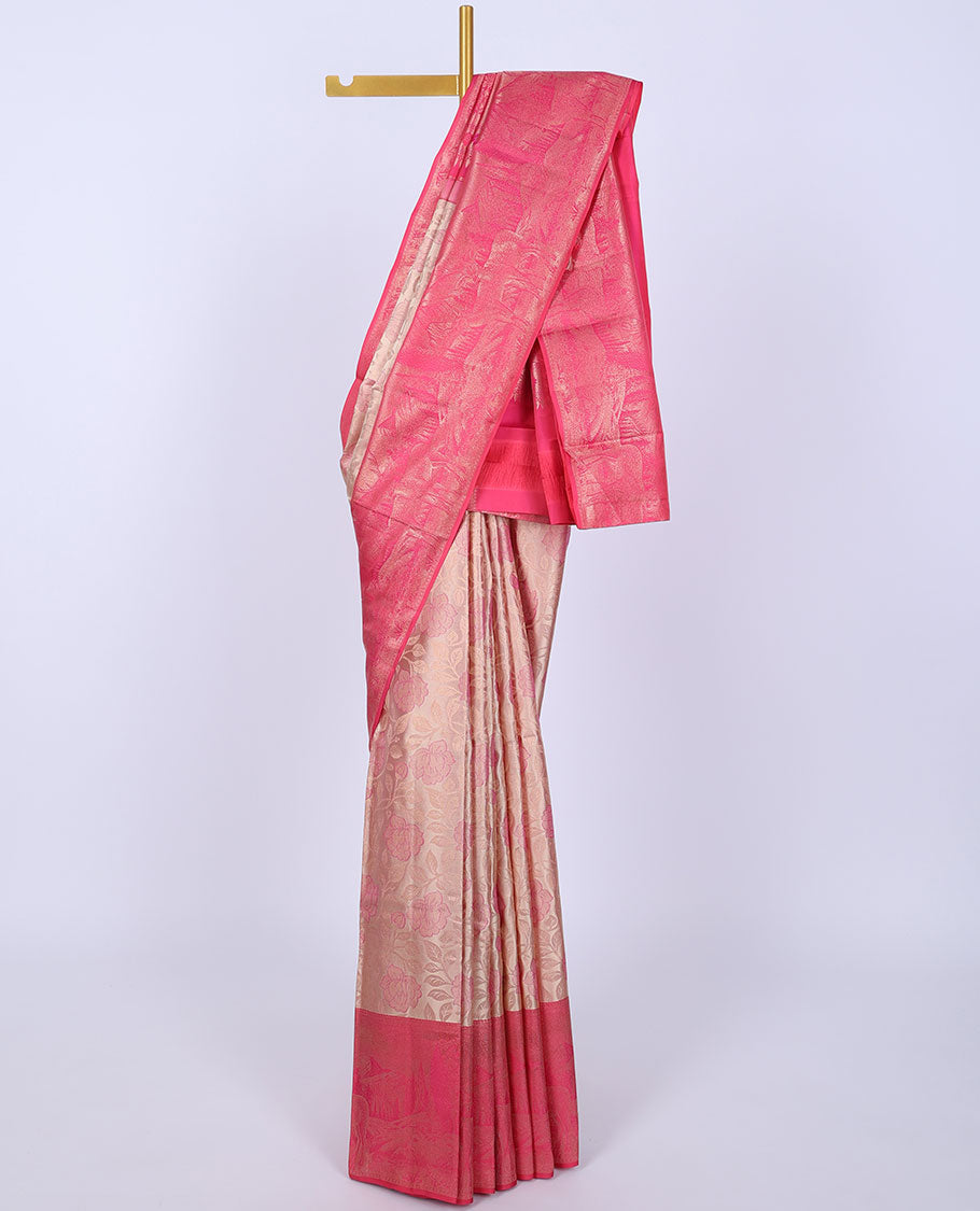 Peach jacquard kancheepuram wedding silksaree, contrast nature-themed weaved border & pallu of intricate designs