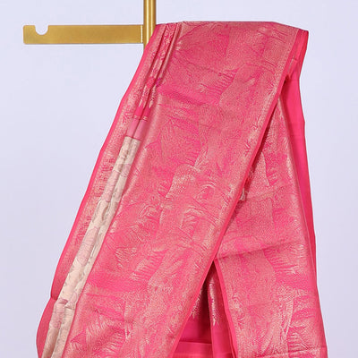 Peach jacquard kancheepuram wedding silksaree, contrast nature-themed weaved border & pallu of intricate designs