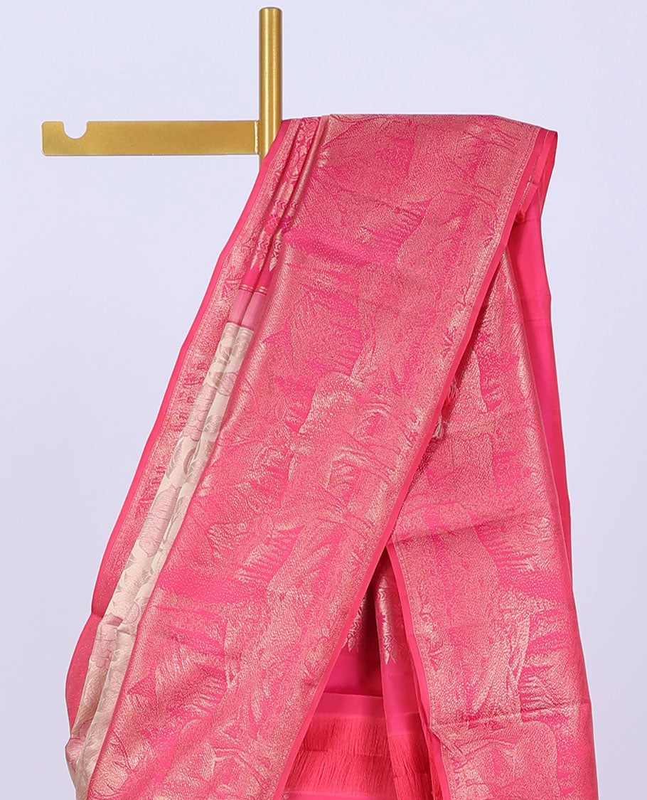 Peach jacquard kancheepuram wedding silksaree, contrast nature-themed weaved border & pallu of intricate designs