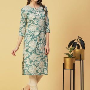 Floral Block Printed & Khari Printed Zari Embellished Kurta - Green
