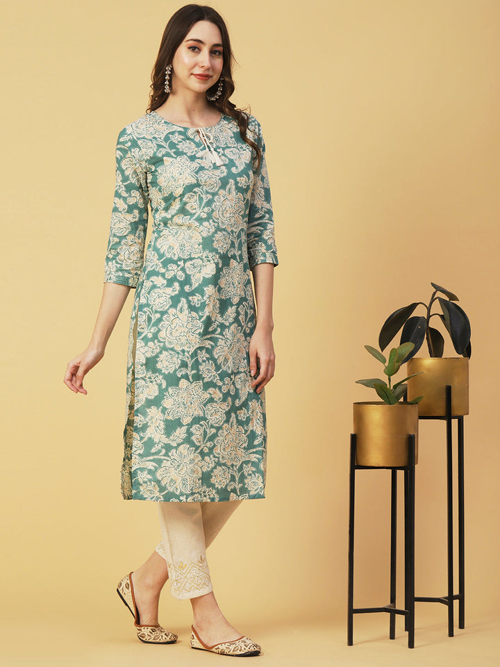 Floral Block Printed & Khari Printed Zari Embellished Kurta - Green