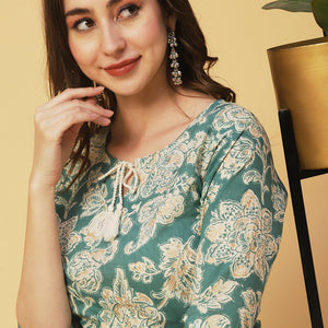 Floral Block Printed & Khari Printed Zari Embellished Kurta - Green