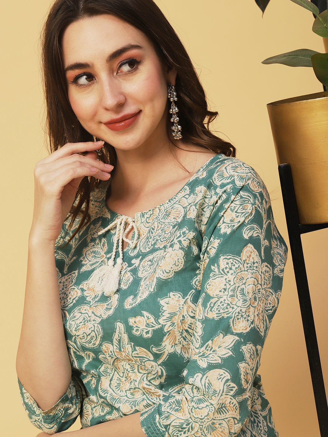 Floral Block Printed & Khari Printed Zari Embellished Kurta - Green